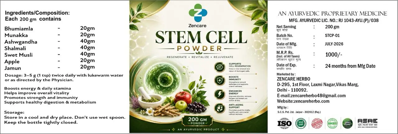 Zencare Stem Cell Powder ingredients, benefits and product information